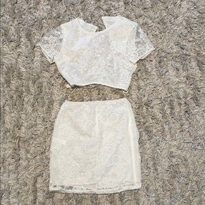 White Lace Two-Piece Crop Top and Skirt Set